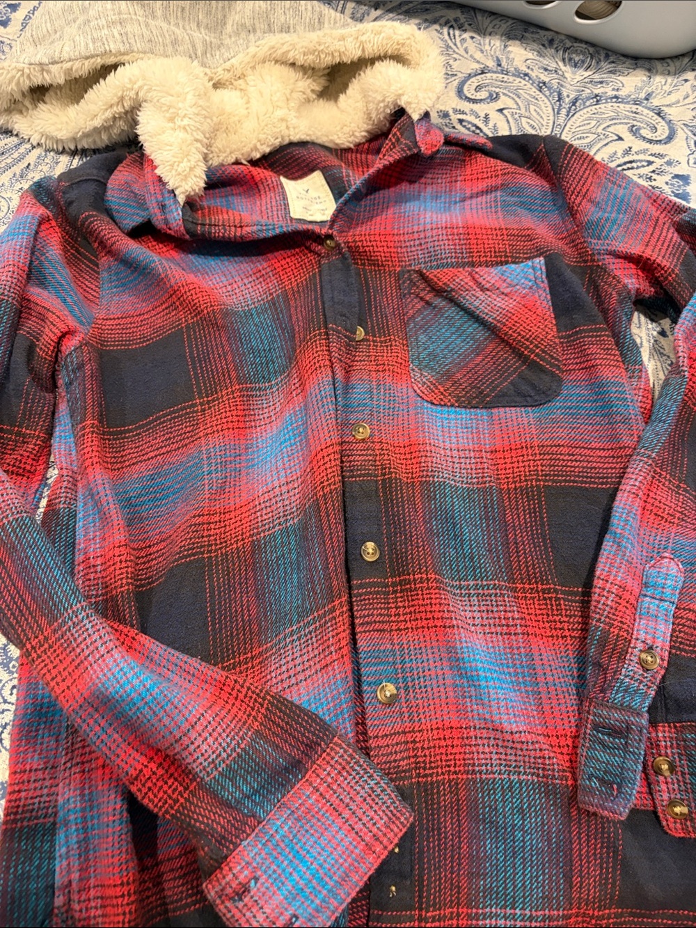American Eagle Red & Blue Plaid Sherpa-Lined Hooded Shirt Jacket